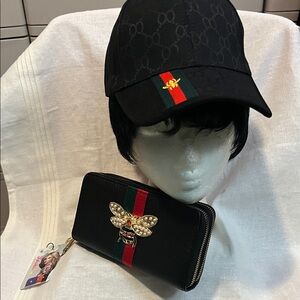 Black Fashion Cap and Wallet with Bee Embellishment